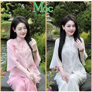QC_ Set đồ lam, đi chùa lễ Tết, Set Lam Gấm phối lót Tơ Nến cổ tàu đính nút ngọc kèm quần dài Lụa