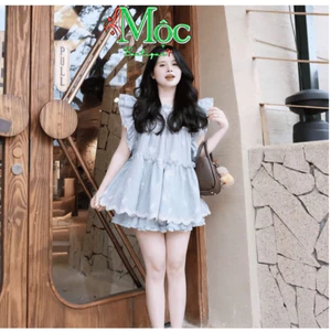 Set váy ngắn, set đi biển hè, set Đũi áo sọc phối Ren cánh tiến kèm chân váy ngắn nhiều tầng