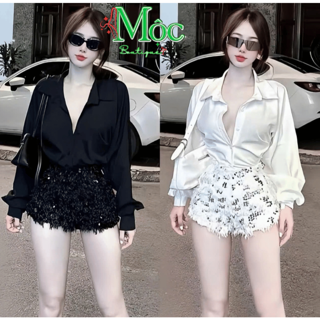 AXT_ Set bộ đùi, set thiết kế áo sơmi cổ bẻ tay dài kèm quần đùi Lông Kim Tuyến Bling lấp lánh