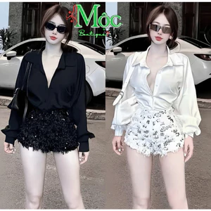 AXT_ Set bộ đùi, set thiết kế áo sơmi cổ bẻ tay dài kèm quần đùi Lông Kim Tuyến Bling lấp lánh