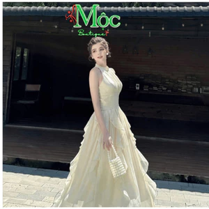 QC_ Đầm váy dài, đầm cổ yếm, váy nàng thơ dáng dài đi tiệc Chất Voan cao cấp cổ yếm chiết eo