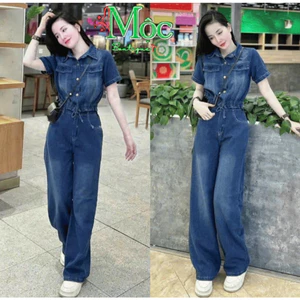 Set bộ jean, set du lịch hè áo croptop rút dây sơ mi cổ bẻ tay ngắn mix quần dài năng động