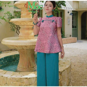 DX_ Set dồ lam, set cách tân áo Gấm Bông cổ tàu nút bọc thủ công tay bồng kèm quần dài Tuyết Nhung