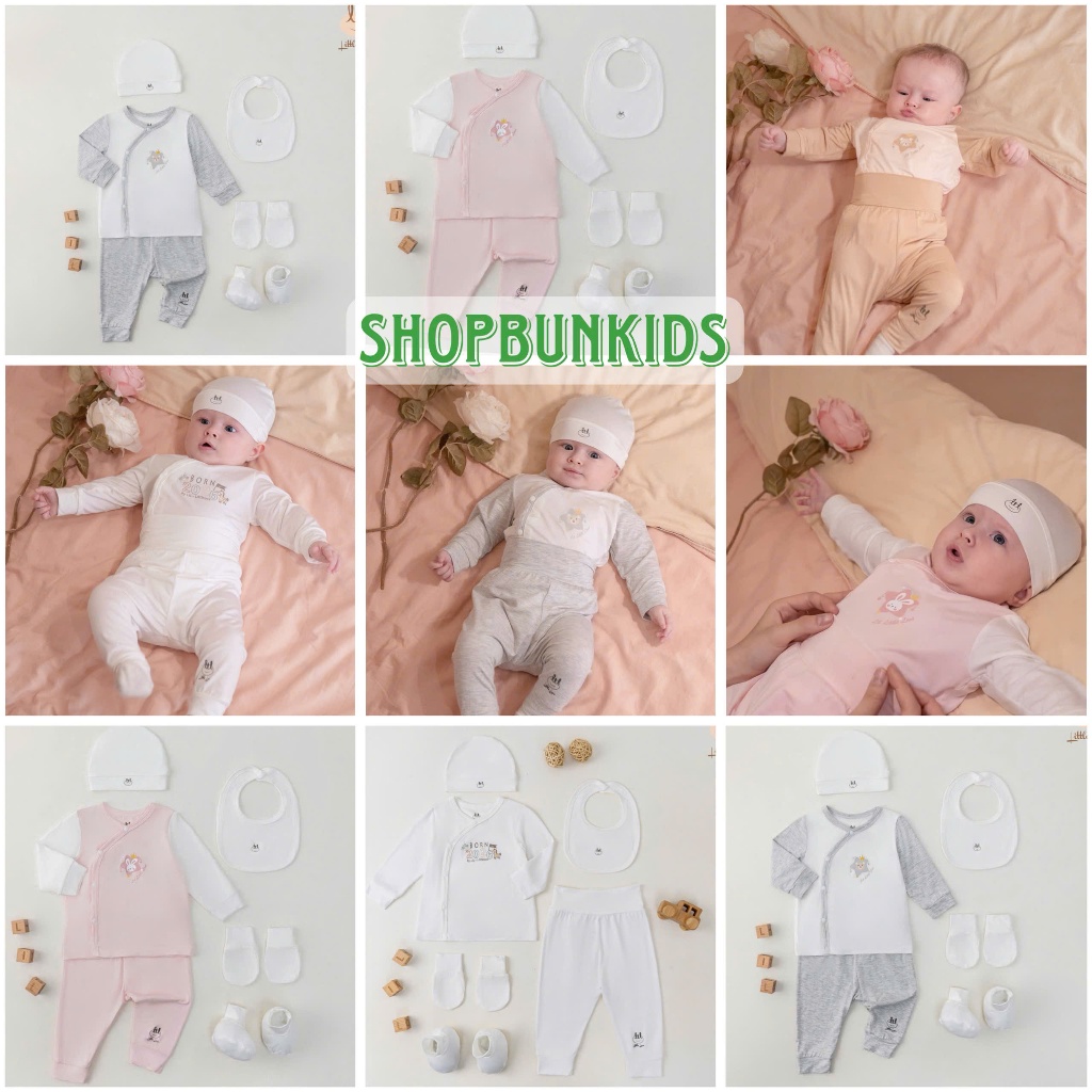 [ FULL PHỤ KIỆN] Bộ sơ sinh cài chéo smoothy LIL Little Love fullset  vải mỏng mịn hè mát 0-3M 3-6M