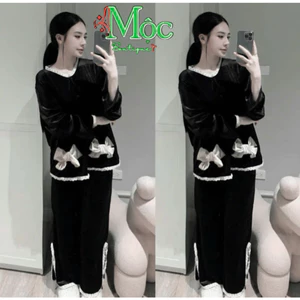 MK_Set bộ mặc nhà, set thu đông mặc nhà chất Nhung áo đính nơ phối Ren form rộng kèm quần suông dài