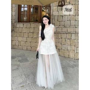Váy Nữ Xinh Váy Dáng Dài Lệch Vai Kèm Hoa Trà Siêu Xinh Hàng Loại 1 Ren Đẹp