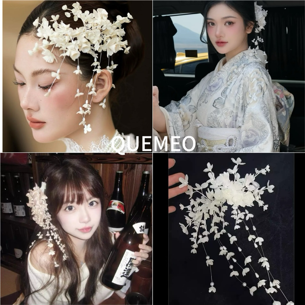 Phụ Kiện Tóc Cưới Kimono QUEMEO Cài Tóc Hoa Trắng Phối Ngọc Trai Tua Rua