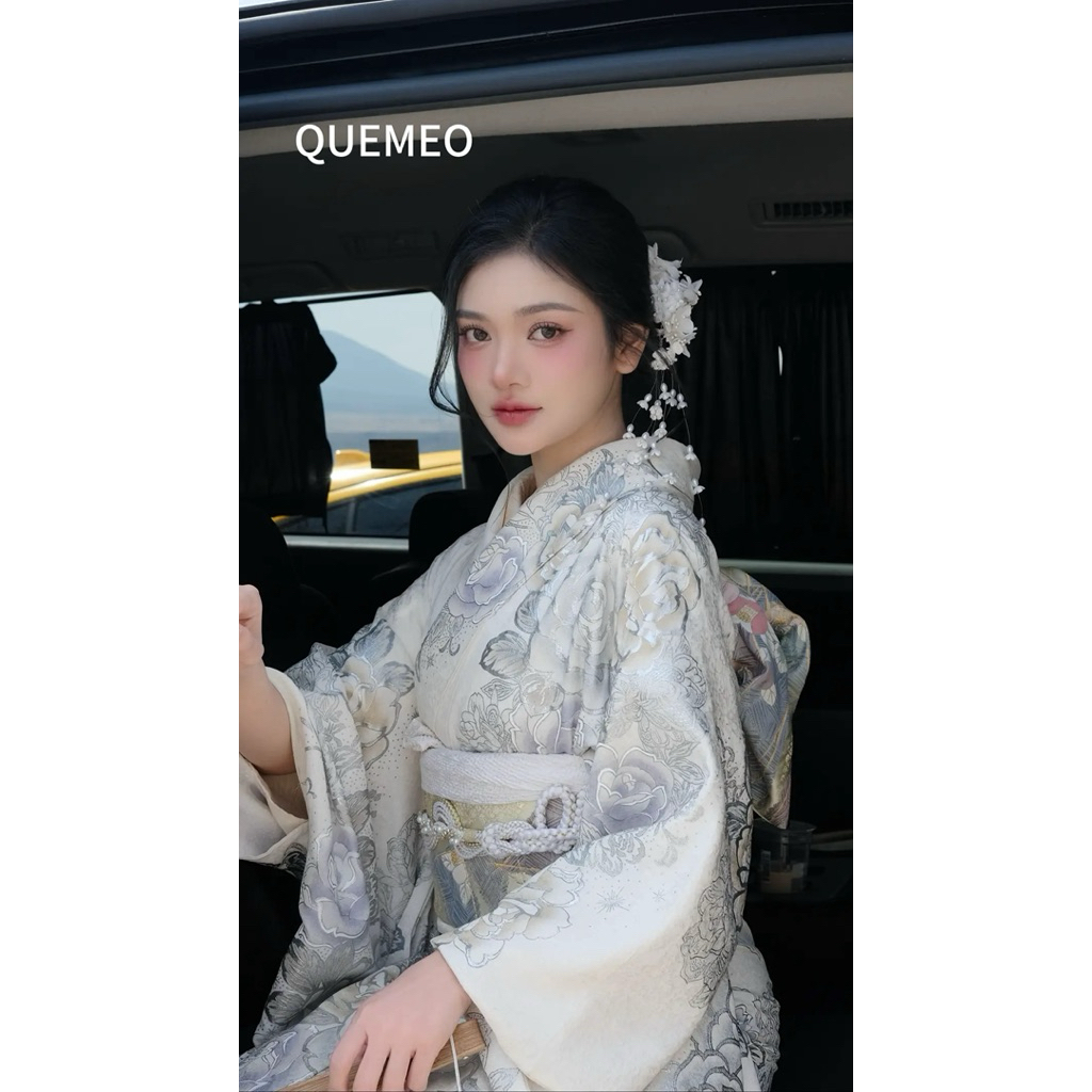 Phụ Kiện Tóc Cưới Kimono QUEMEO Cài Tóc Hoa Trắng Phối Ngọc Trai Tua Rua