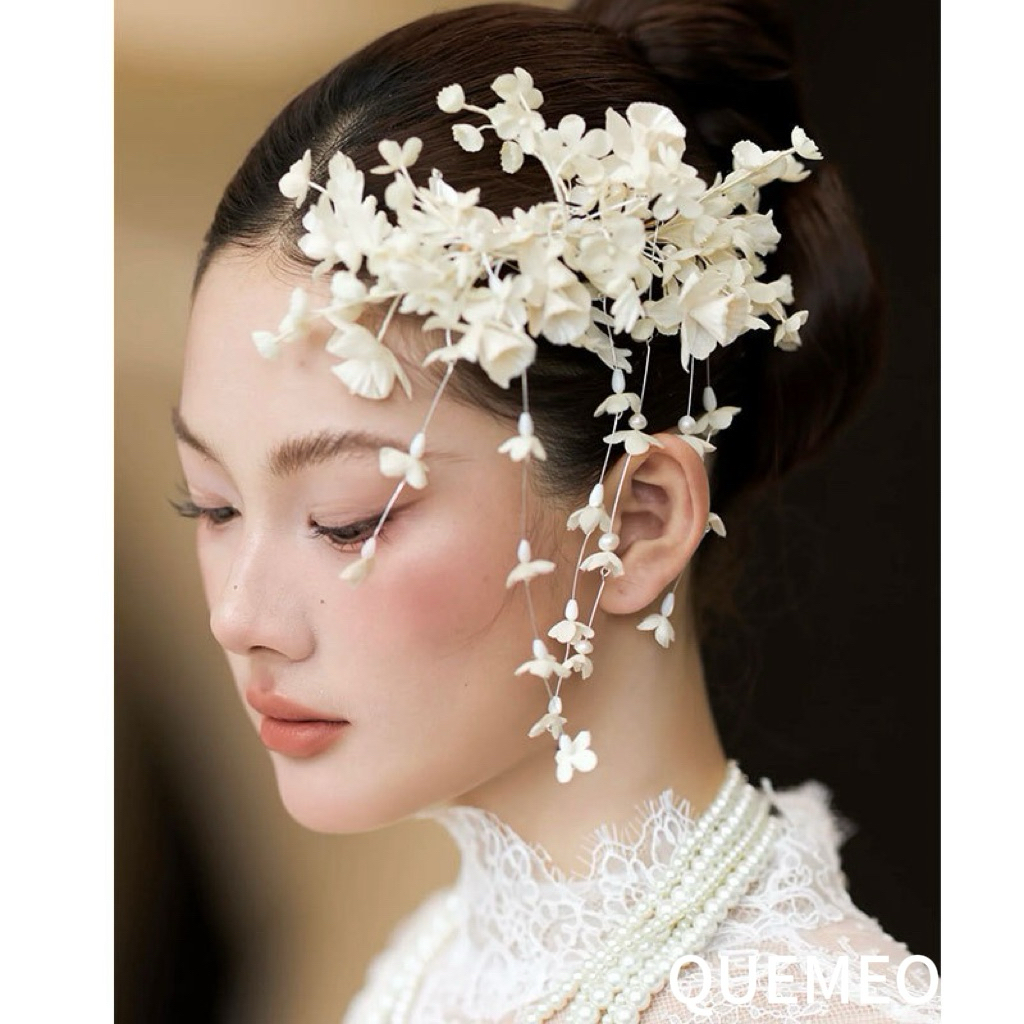 Phụ Kiện Tóc Cưới Kimono QUEMEO Cài Tóc Hoa Trắng Phối Ngọc Trai Tua Rua