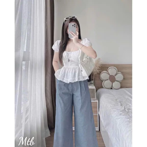 Set Áo Babydoll linen kiểu xinh tay phồng tiểu thư công chúa bo thân nơ conquette ngực xinh xắn kèm quần ống rộng xinh