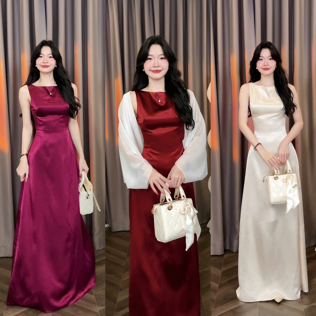 [Đ.37-L] (Váy Lẻ - Ko Kèm Choàng) Đầm Chấm Lụa Kín Lưng Dáng Dài Sang Trọng Women Top Dress | Tũm Clothing | BigBuy360 - bigbuy360.vn