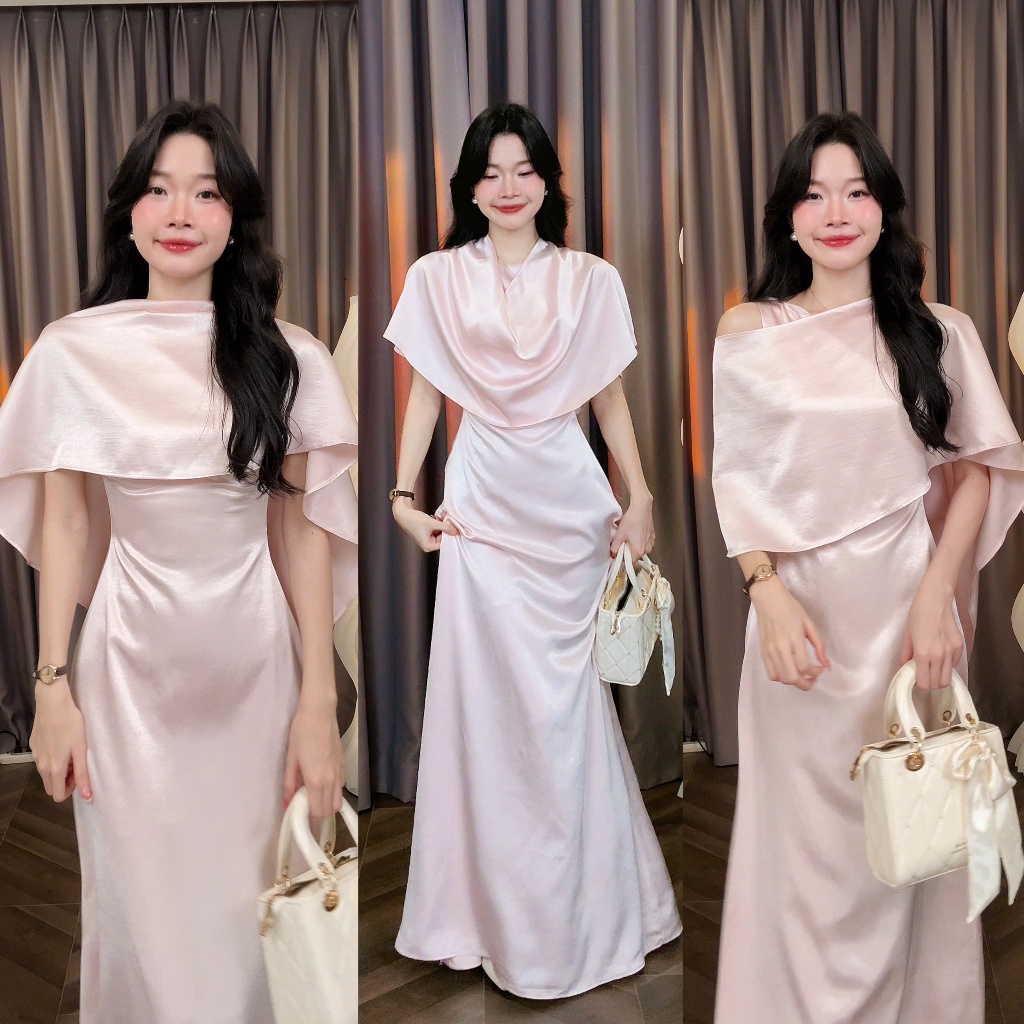 [Đ.37-L] (Váy Lẻ - Ko Kèm Choàng) Đầm Chấm Lụa Kín Lưng Dáng Dài Sang Trọng Women Top Dress | Tũm Clothing | BigBuy360 - bigbuy360.vn
