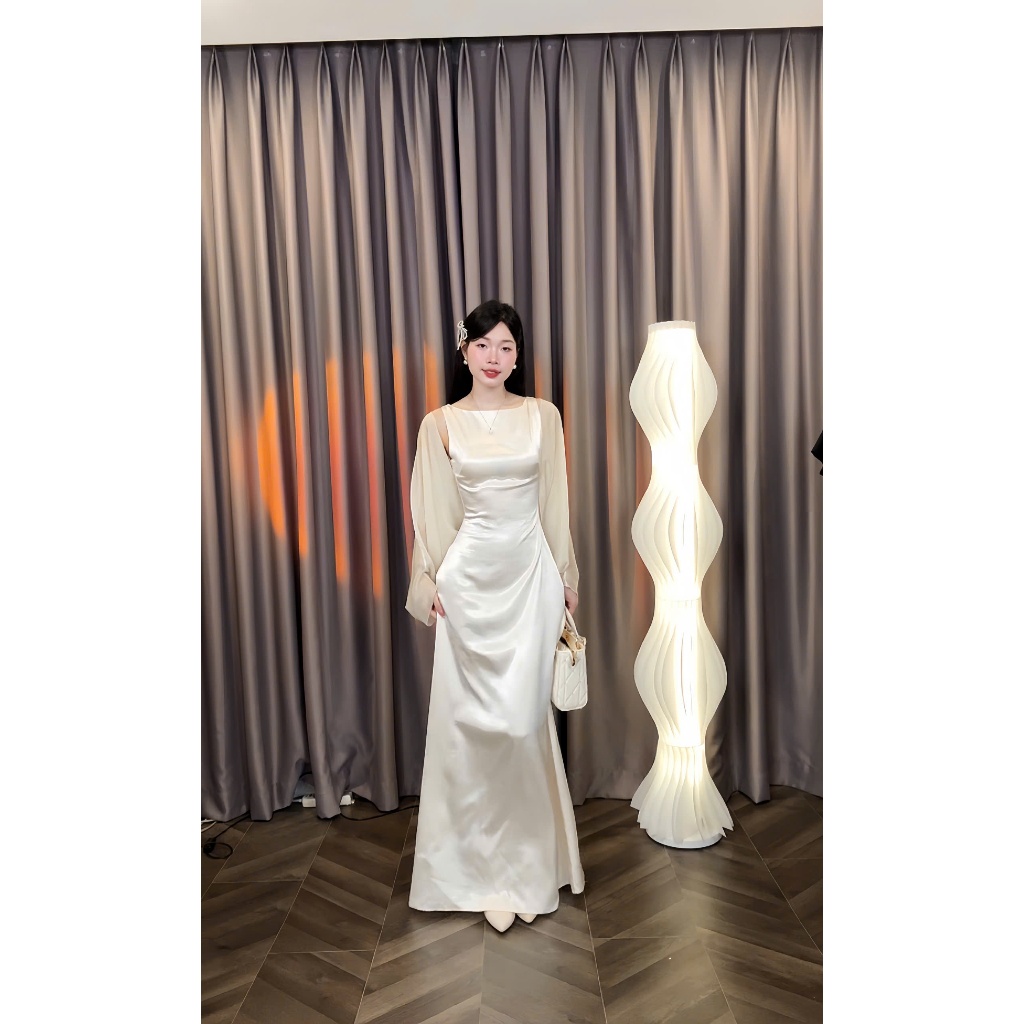 [Đ.37-L] (Váy Lẻ - Ko Kèm Choàng) Đầm Chấm Lụa Kín Lưng Dáng Dài Sang Trọng Women Top Dress | Tũm Clothing | BigBuy360 - bigbuy360.vn