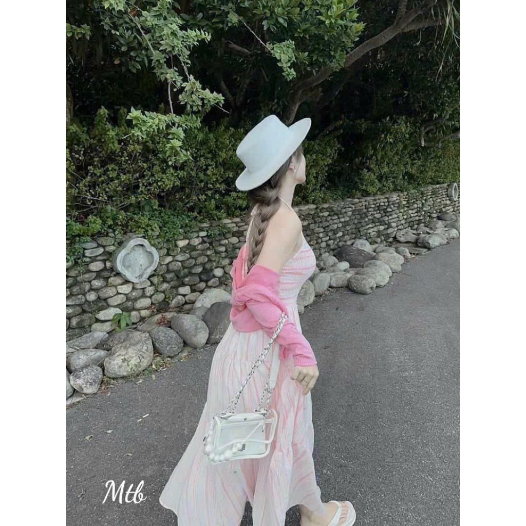 Set Đầm Khoác- Đầm Váy Maxi Nữ Cổ Yếm Mocking Dáng Dài Kềm Khoắc Màu Xanh Và Hồng Đi Biển Xinh