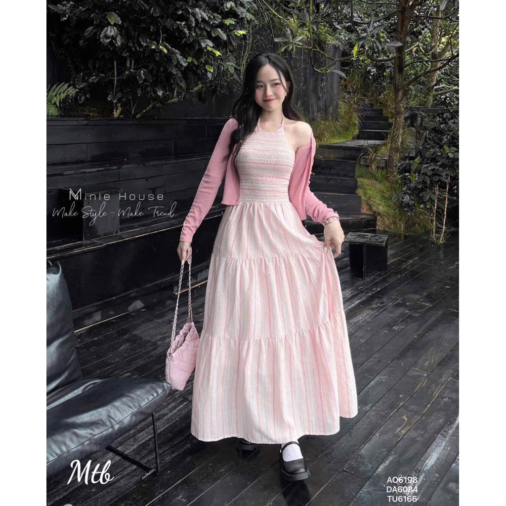 Set Đầm Khoác- Đầm Váy Maxi Nữ Cổ Yếm Mocking Dáng Dài Kềm Khoắc Màu Xanh Và Hồng Đi Biển Xinh