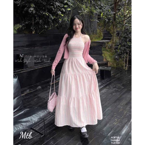 Set Đầm Khoác- Đầm Váy Maxi Nữ Cổ Yếm Mocking Dáng Dài Kềm Khoắc Màu Xanh Và Hồng Đi Biển Xinh