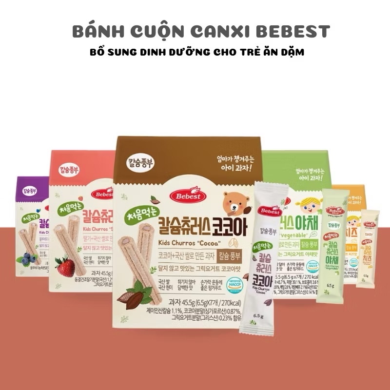 (Date Mới) Bánh cuộn ngũ cốc nhân kem canxi hữu cơ Bebest Churros Hàn Quốc cho bé ăn dặm từ 8 tháng