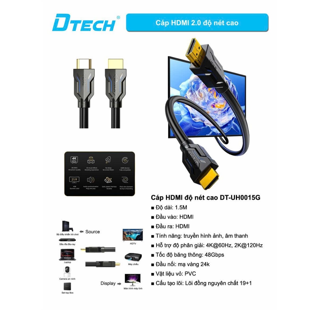 Cáp HDMI DTECH DT-UH0015G