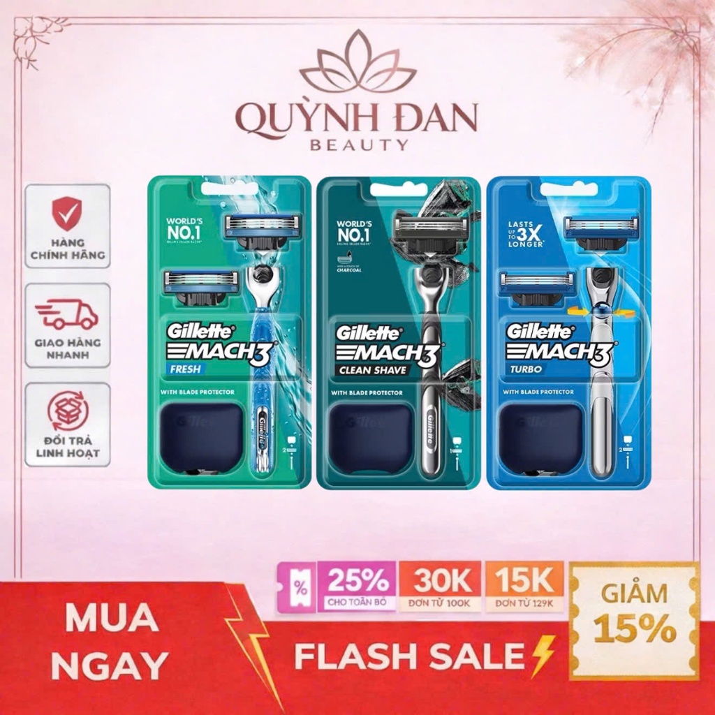 Dao Cạo Râu GILLETTE Mach3 Clean Shave /Mach 3+/ Mach3 Turbo - Hộp 1 Cán 2 Lưỡi/1 Lưỡi