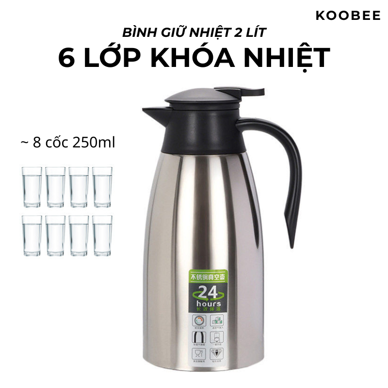 Bình Giữ Nhiệt 2L Inox 304 Cao Cấp 6 Lớp Khoá Nhiệt – Giữ Nóng Lạnh, Có Tay Cầm, Nút Bấm Rót Nước Tiện Lợi | 367