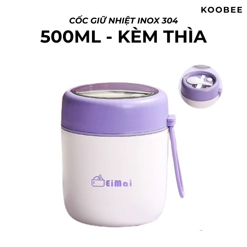 Cốc Giữ Nhiệt 500ml KOOBEE Có Thìa – Cốc Nấu Cháo Cho Bé, Bình Đựng Canh Inox 304, Ly Giữ Nhiệt Mang Đi | 368
