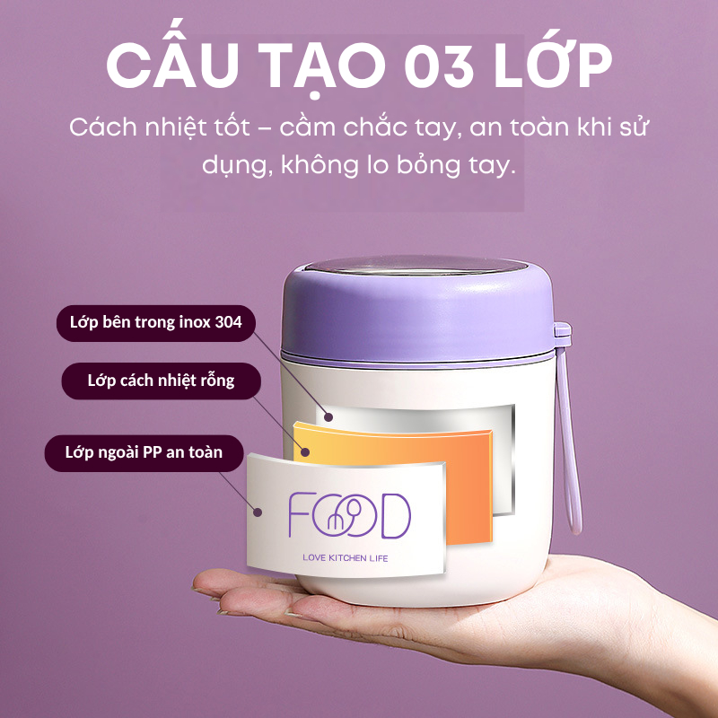 Cốc Giữ Nhiệt 500ml KOOBEE Có Thìa – Cốc Nấu Cháo Cho Bé, Bình Đựng Canh Inox 304, Ly Giữ Nhiệt Mang Đi | 368
