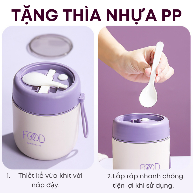 Cốc Giữ Nhiệt 500ml KOOBEE Có Thìa – Cốc Nấu Cháo Cho Bé, Bình Đựng Canh Inox 304, Ly Giữ Nhiệt Mang Đi | 368