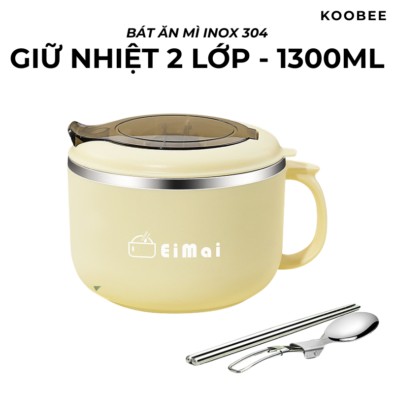 Bát Mì Ăn Liền 1300ml KOOBEE Inox 304 2 Lớp – Bát Giữ Nhiệt Có Nắp, Tặng Đũa Thìa, Đựng Cơm Canh Tiện Lợi| 369