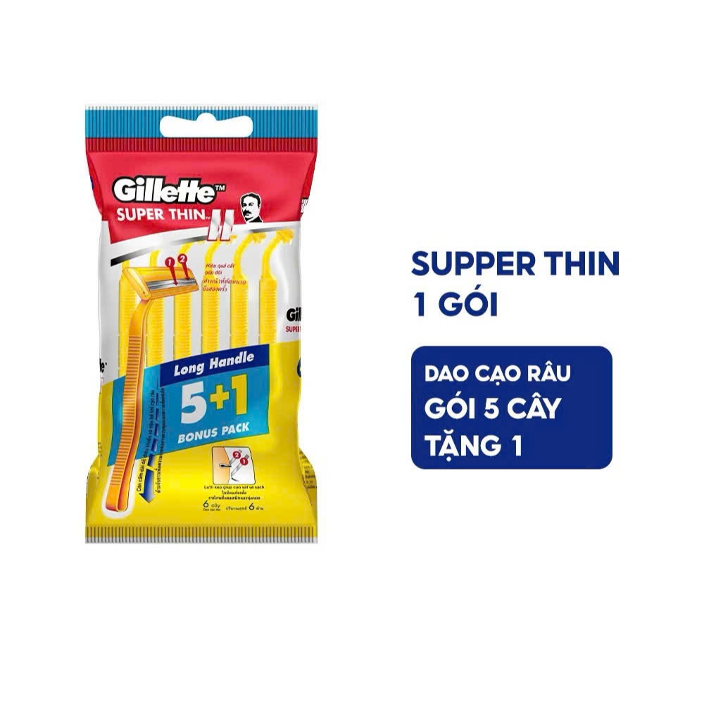 Dạo Cạo Râu GILLETTE Super Thin Cán Vàng - Gói 5 Cây Tặng 1