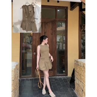 Váy Đầm Sát Nách Cổ Tròn Dáng Ngắn Cúc Đen Nâu Kem