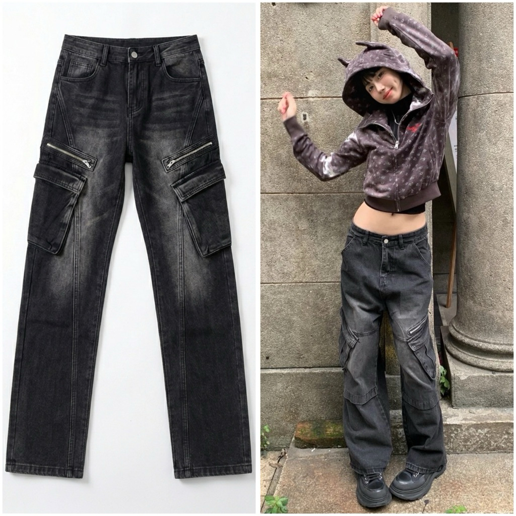 L3 Quần Jean Nam Nữ Cargo Wash - Túi Zip Cao Cấp Phong Cách Douyin