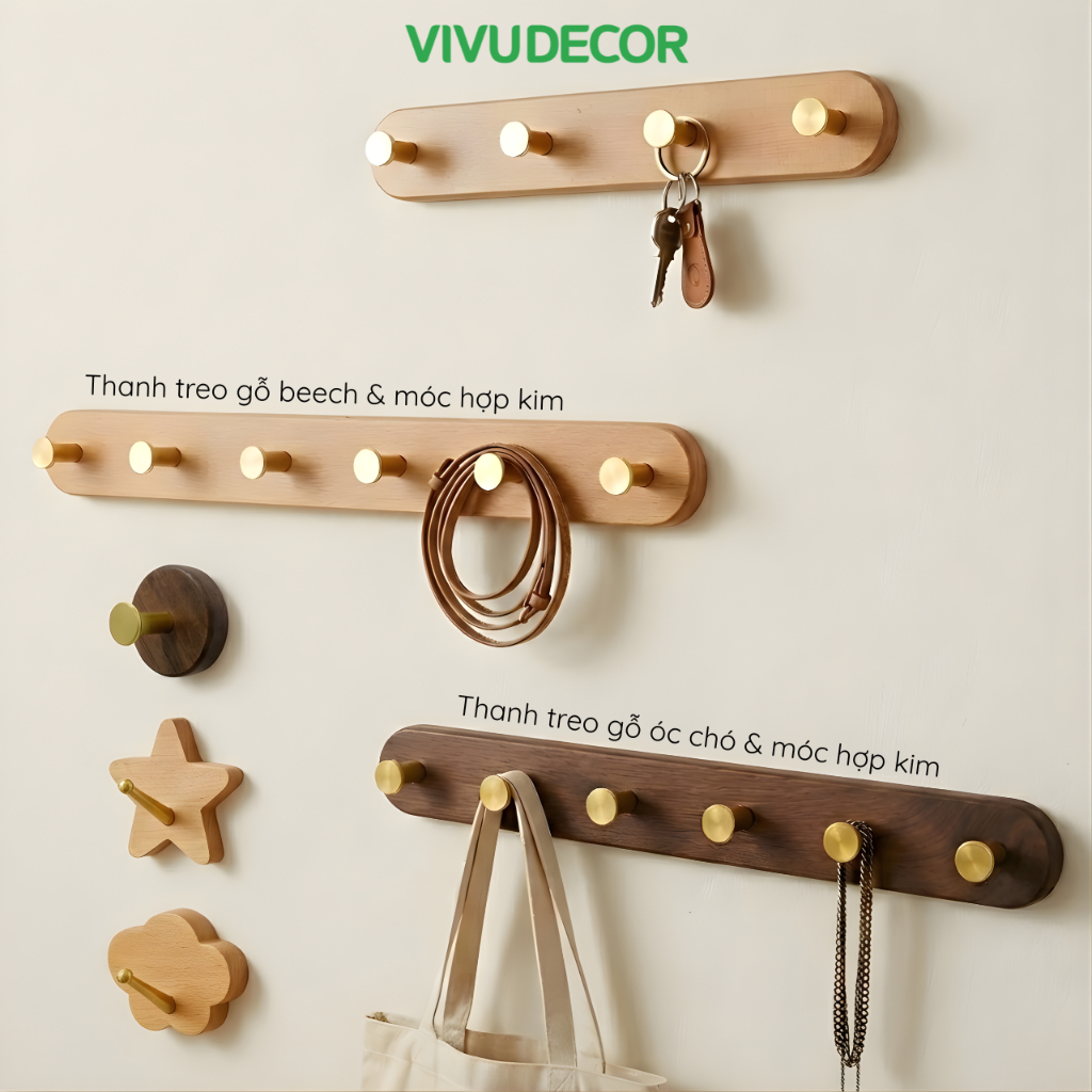 [Mẫu mới 2026] Móc Treo Quần Áo Gắn Tường Gỗ Tự Nhiên - Móc Gỗ Treo Đồ VIVUDECOR - Dán/Hít/Khoan