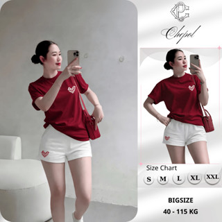 Bộ Thun Nữ Chepol Form Rộng, In Trái Tim, Cổ Tròn, Phối Quần Đùi, Chất Cotton ( Áo Thun Đỏ Đô + Quần Đùi Trắng) CP_22304