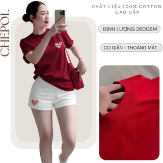 Bộ Thun Nữ Chepol Form Rộng, In Trái Tim, Cổ Tròn, Phối Quần Đùi, Chất Cotton ( Áo Thun Đỏ Đô + Quần Đùi Trắng) CP_22304