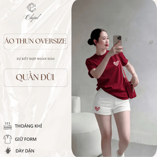 Bộ Thun Nữ Chepol Form Rộng, In Trái Tim, Cổ Tròn, Phối Quần Đùi, Chất Cotton ( Áo Thun Đỏ Đô + Quần Đùi Trắng) CP_22304