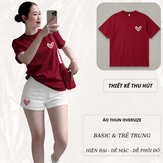 Bộ Thun Nữ Chepol Form Rộng, In Trái Tim, Cổ Tròn, Phối Quần Đùi, Chất Cotton ( Áo Thun Đỏ Đô + Quần Đùi Trắng) CP_22304