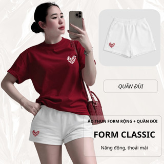 Bộ Thun Nữ Chepol Form Rộng, In Trái Tim, Cổ Tròn, Phối Quần Đùi, Chất Cotton ( Áo Thun Đỏ Đô + Quần Đùi Trắng) CP_22304