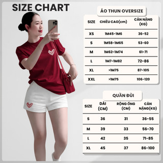 Bộ Thun Nữ Chepol Form Rộng, In Trái Tim, Cổ Tròn, Phối Quần Đùi, Chất Cotton ( Áo Thun Đỏ Đô + Quần Đùi Trắng) CP_22304