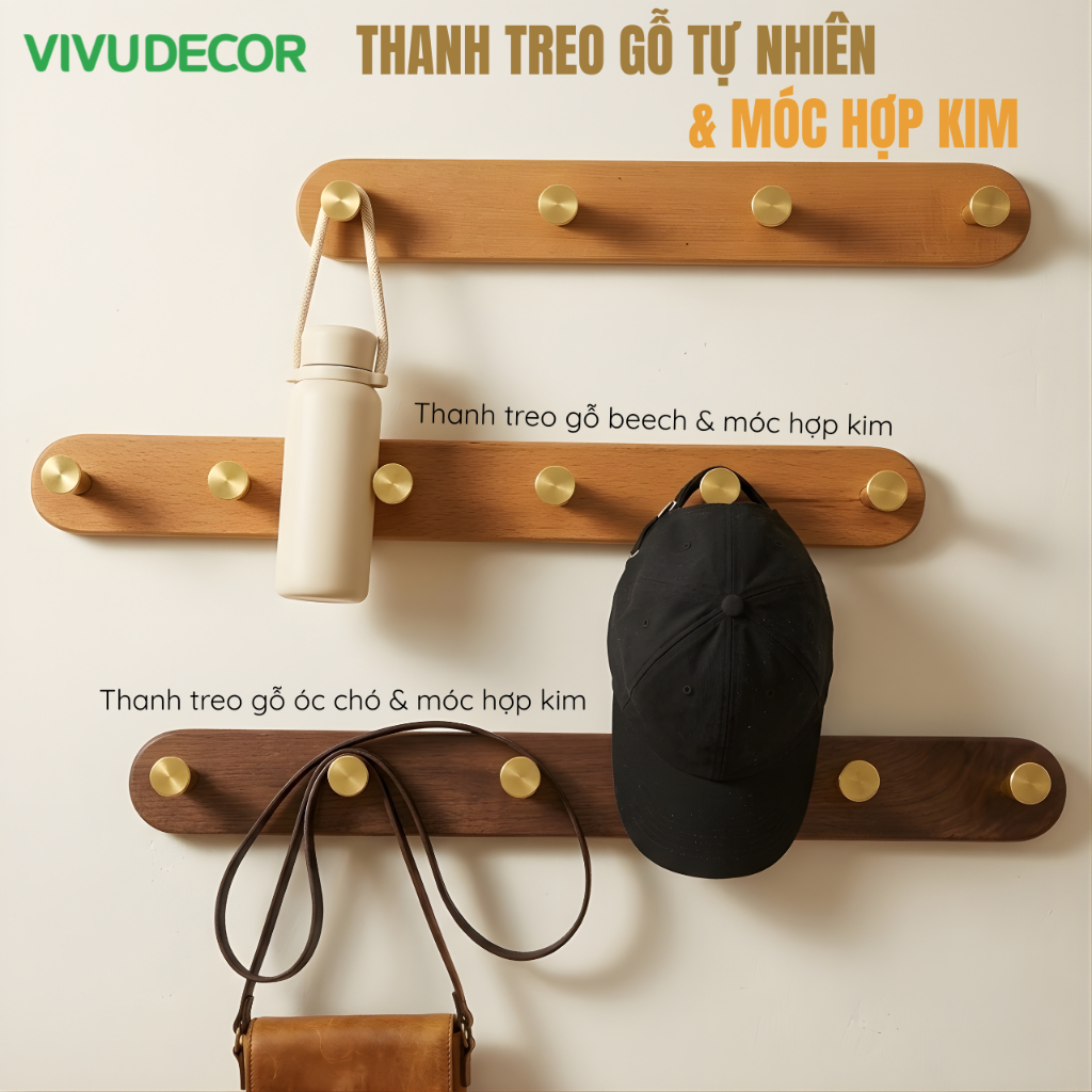 [Mẫu mới 2026] Móc Treo Quần Áo Gắn Tường Gỗ Tự Nhiên - Móc Gỗ Treo Đồ VIVUDECOR - Dán/Hít/Khoan