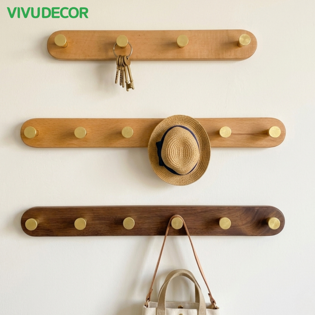 [Mẫu mới 2026] Móc Treo Quần Áo Gắn Tường Gỗ Tự Nhiên - Móc Gỗ Treo Đồ VIVUDECOR - Dán/Hít/Khoan