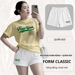 Bộ Áo Phông Nữ Chepol Form Rộng, In Chữ 89, Cổ Tròn, Phối Quần Đùi, Chất Cotton( Áo Thun Vàng + Quần Đùi Trắng) CP_22021