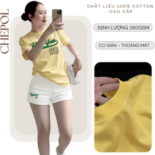 Bộ Áo Phông Nữ Chepol Form Rộng, In Chữ 89, Cổ Tròn, Phối Quần Đùi, Chất Cotton( Áo Thun Vàng + Quần Đùi Trắng) CP_22021