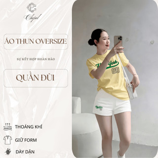 Bộ Áo Phông Nữ Chepol Form Rộng, In Chữ 89, Cổ Tròn, Phối Quần Đùi, Chất Cotton( Áo Thun Vàng + Quần Đùi Trắng) CP_22021