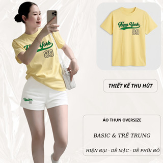 Bộ Áo Phông Nữ Chepol Form Rộng, In Chữ 89, Cổ Tròn, Phối Quần Đùi, Chất Cotton( Áo Thun Vàng + Quần Đùi Trắng) CP_22021