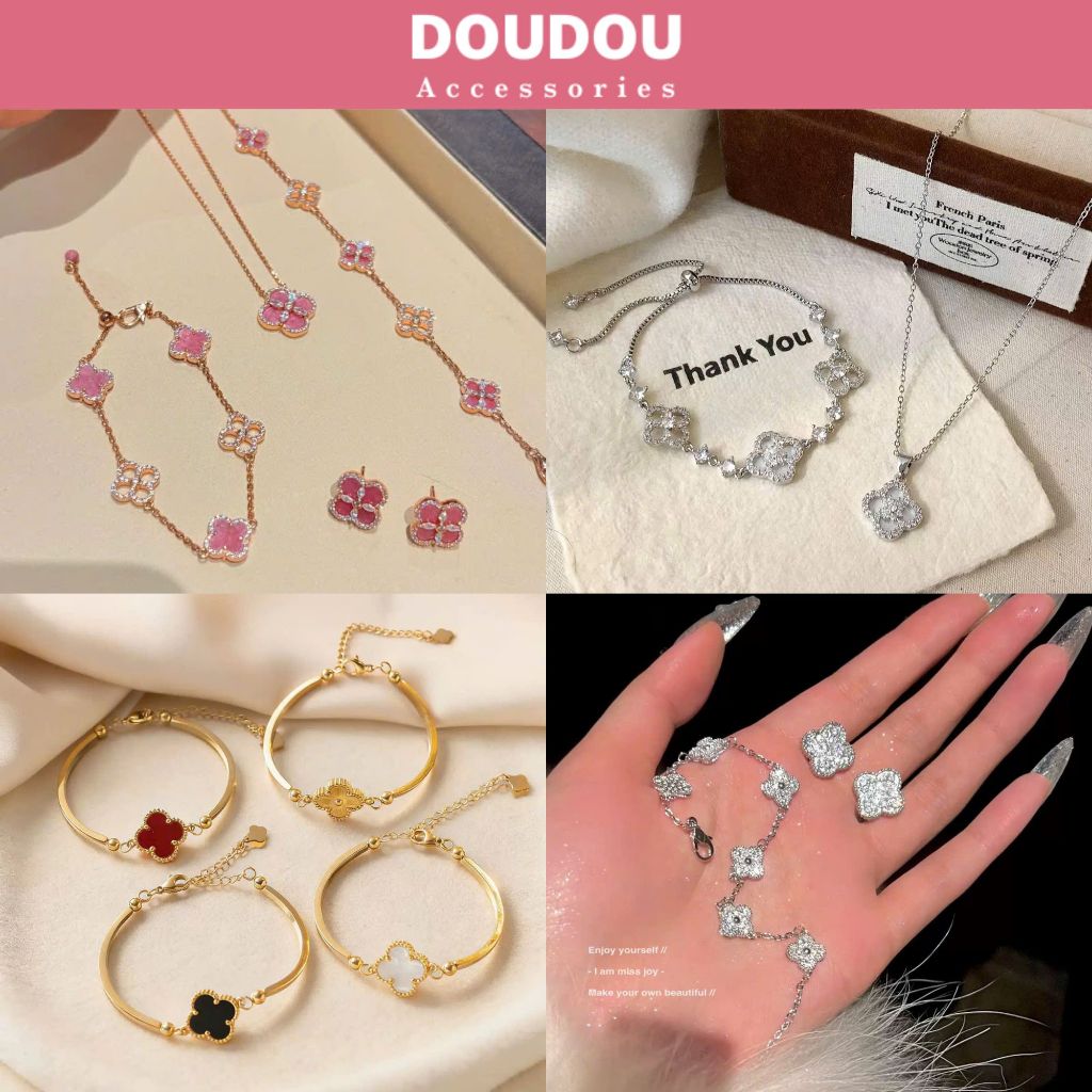 (TITAN KHÔNG ĐEN) Trang Sức Cỏ 4 Lá Doudou Vòng Tay Không Gỉ Cao Cấp Thời Trang SZ018