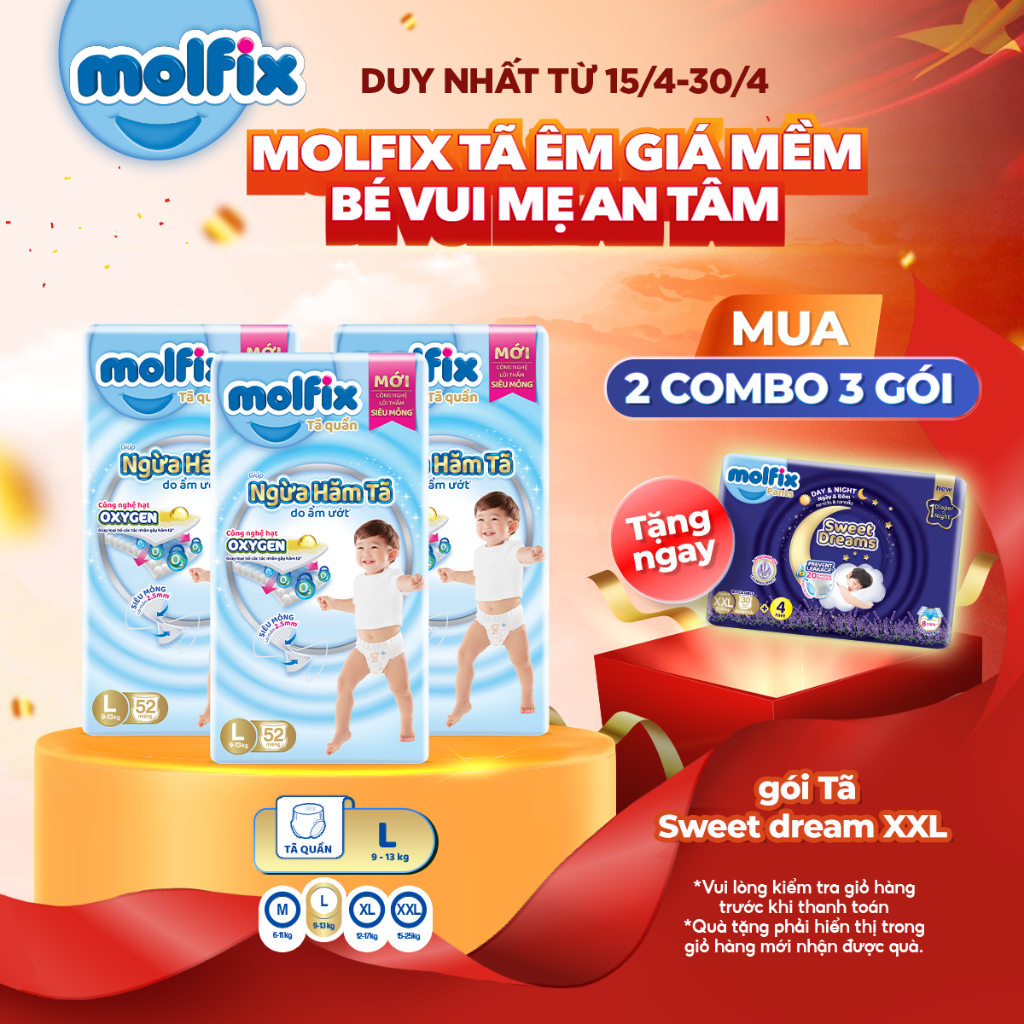 [Mua 6 gói_Tặng Tã Sweet Dreams XXL] Combo 3 Tã/bỉm quần Molfix Oxy Super Jumbo giúp Ngừa Hăm Tã đủ size M,L,XL,XXL