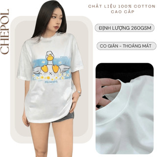 Áo Phông Nữ Chepol Form Rộng, In Thiên Nga Trắng, Cổ Tròn, Chất Cotton co giãn, thoáng mát, bigsize đến 120kg - CP_13368