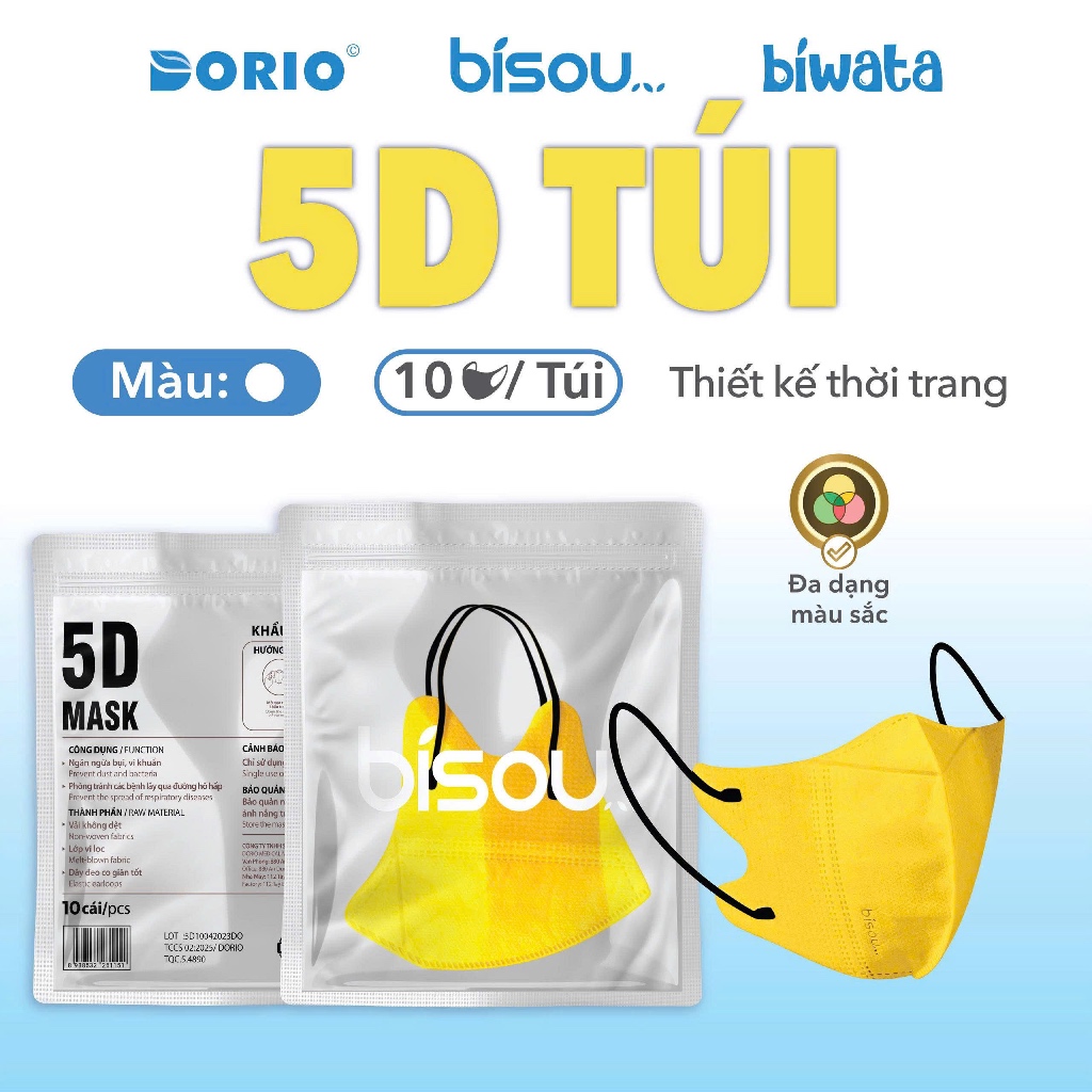 Combo 100 cái khẩu trang 5D màu vàng hiệu BISOU, thiết kế thời trang