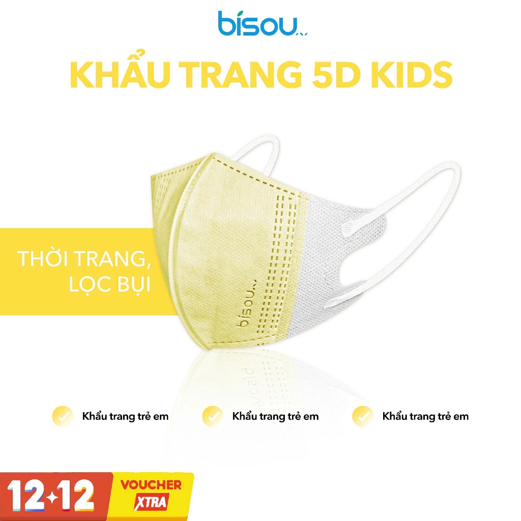 Set 100 cái khẩu trang trẻ em cao cấp 5D kids màu vàng hiệu BISOU, dễ thương, màu sắc