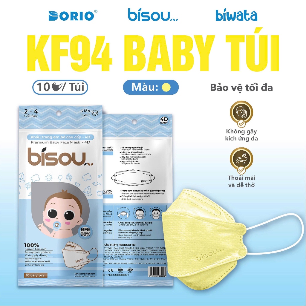 Set 100 cái khẩu trang em bé cao cấp KF94 Baby màu vàng dễ thương dành cho bé từ 2-5 tuổi